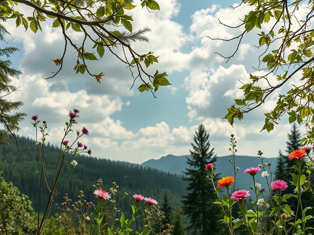 На фоне облачного неба цветут яркие цветы среди зелёных деревьев в живописном лесном пейзаже.