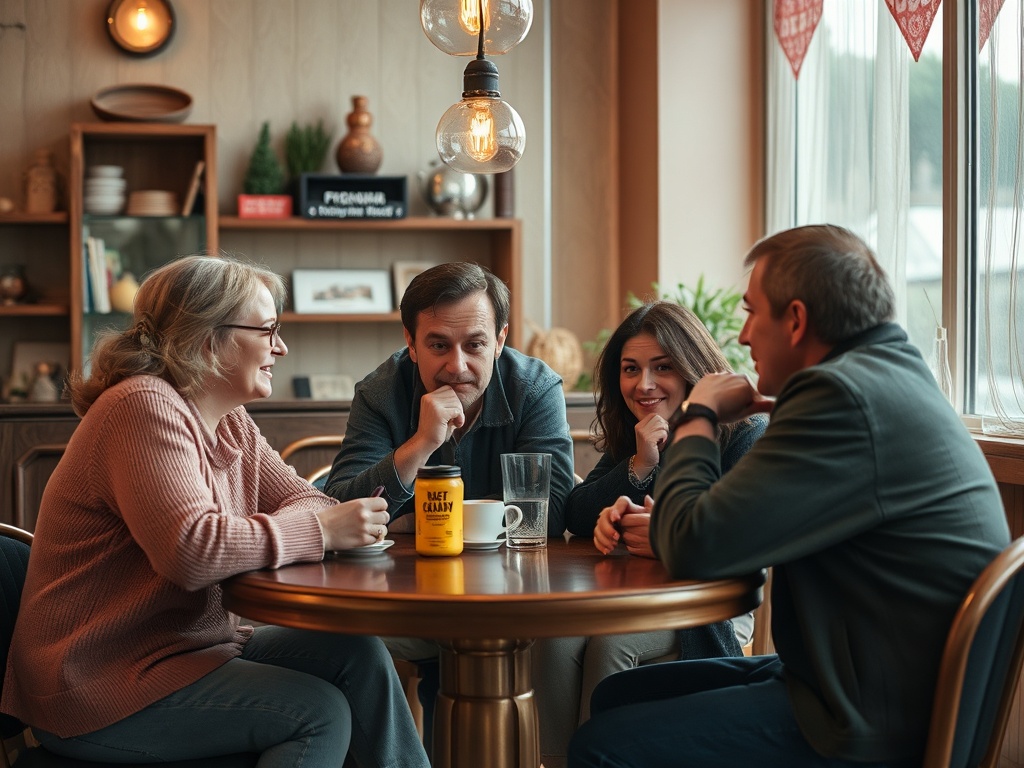 Четыре человека общаются за круглым столом в уютном кафе, наслаждаясь моментом вместе.