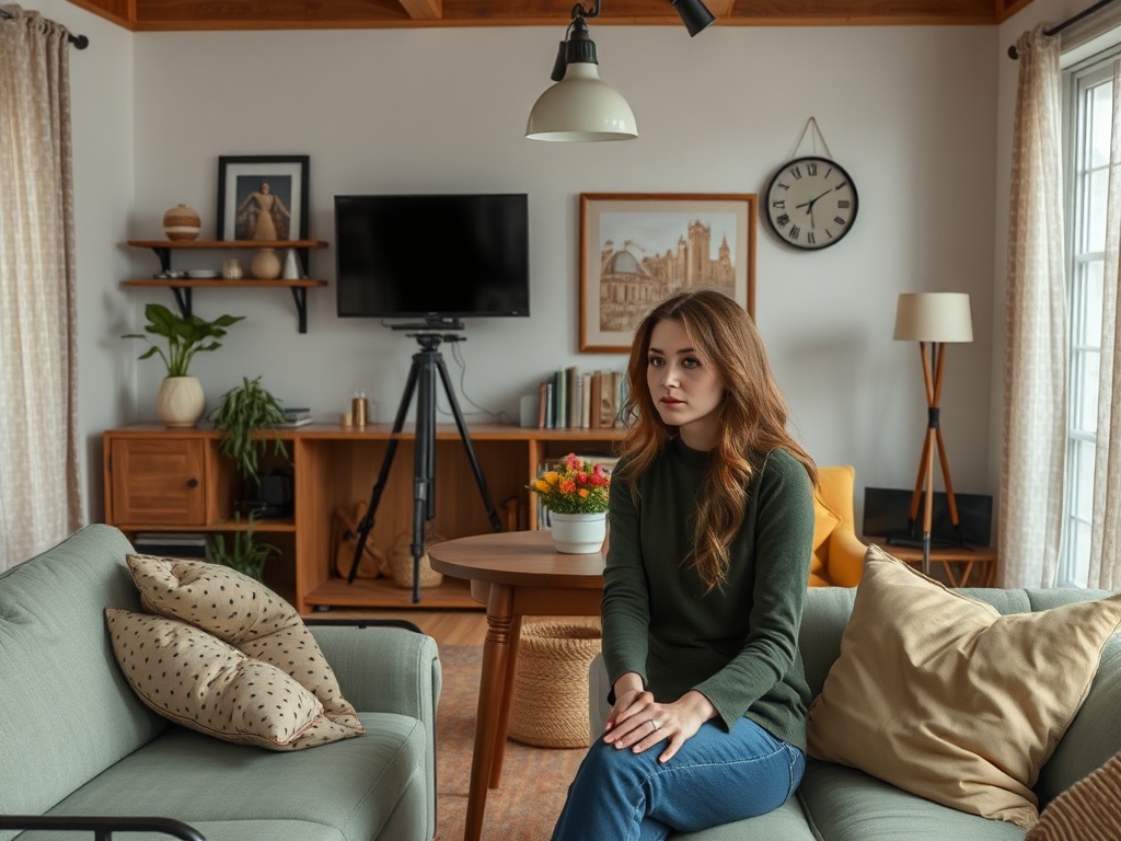 Молодая женщина в зелёном свитере сидит в уютной комнате с современным дизайном и мягкой мебелью.