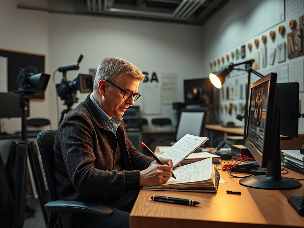 Мужчина в очках работает за столом, записывая данные на листах бумаги в офисе с оборудованием.