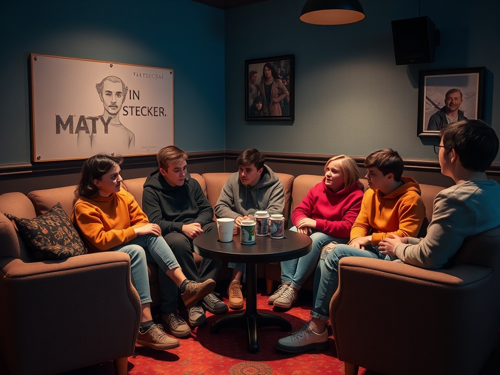 Группа молодых людей в уютном помещении обсуждает что-то важное за круглым столом.