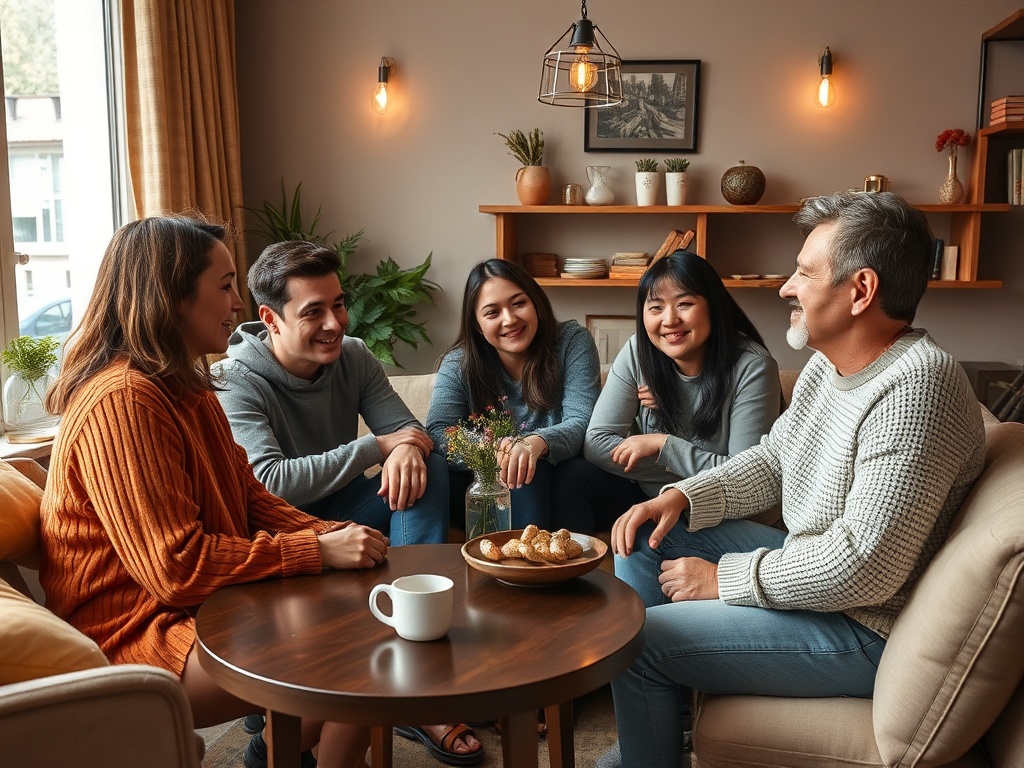 Компания друзей обсуждает что-то весёлое в уютной комнате с чашкой чая и печеньем на столе.