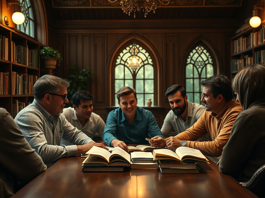 Шестеро людей обсуждают книги за длинным столом в уютной библиотеке с большими окнами.