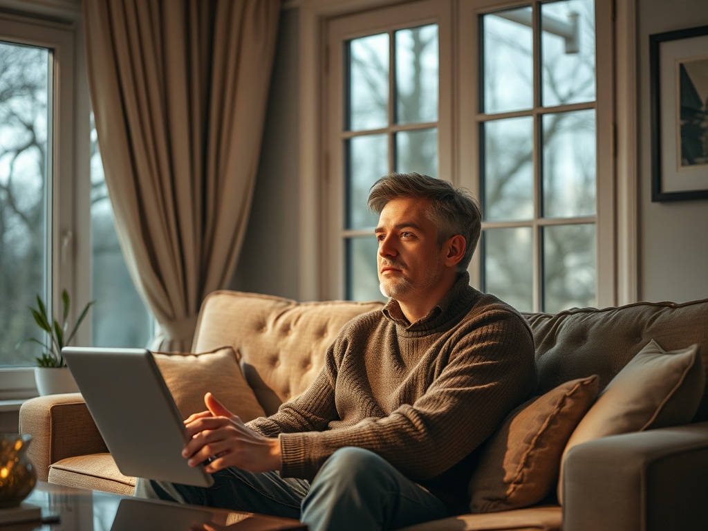 Мужчина сидит на диване с ноутбуком, задумчиво глядя в окно на серый пейзаж.
