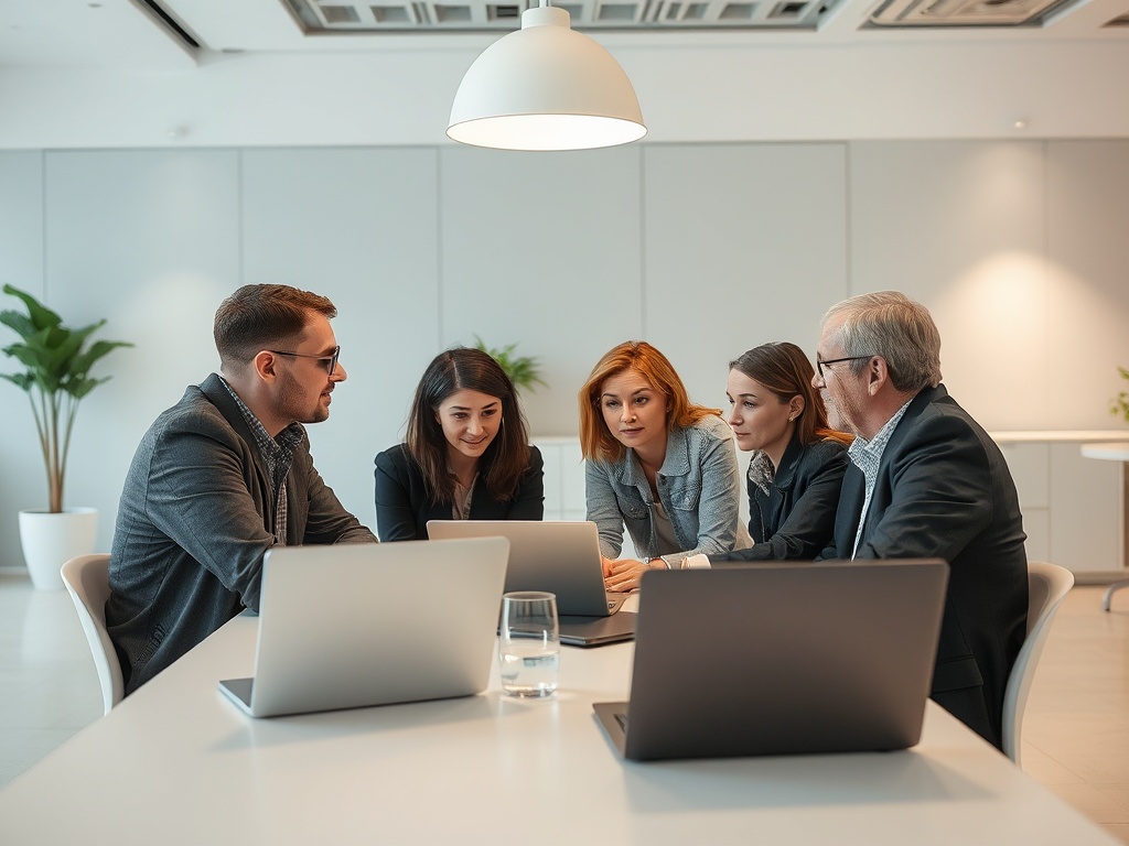 Группа специалистов обсуждает проект за столом в современном офисе с ноутбуками и растениями.