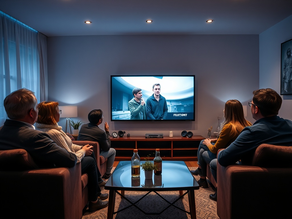 На картине группа людей смотрит телевизор в уютной комнате, обсуждая происходящее на экране.