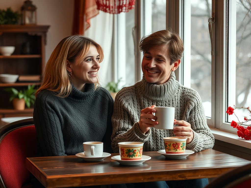 Пара сидит в уютном кафе на фоне窗, наслаждаясь чаем и беседой, одеты в теплые свитера.