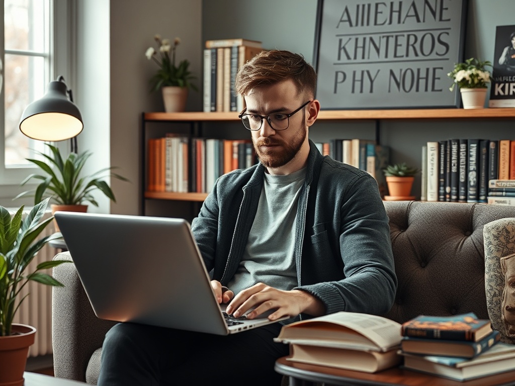 Молодой человек работает на ноутбуке в уютной комнате с библиотекой и зелеными растениями.