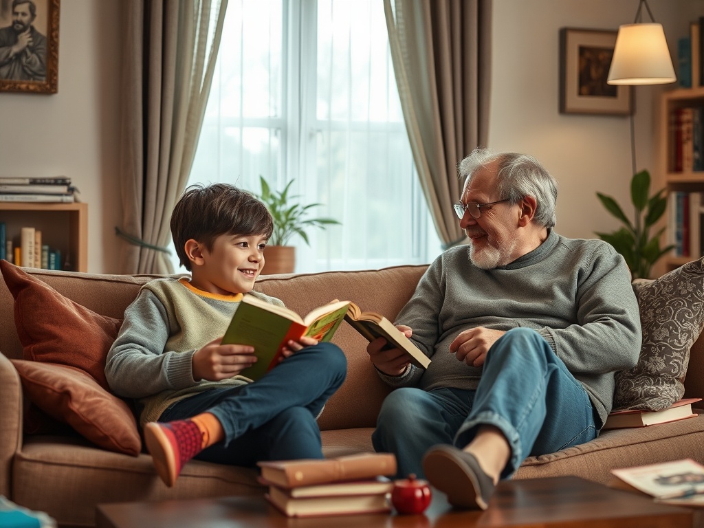 Дедушка и внук читают книги на диване, улыбаясь и наслаждаясь временем друг с другом в уютной комнате.