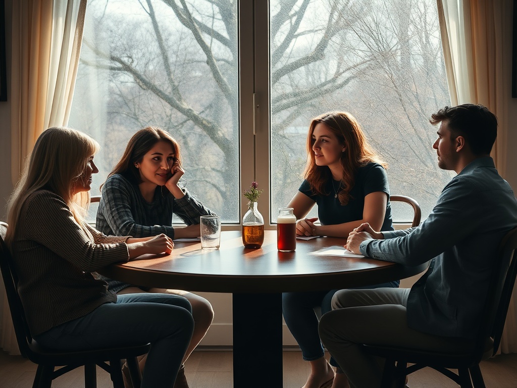 Четыре человека сидят за столом в светлом помещении, обсуждая что-то важное за напитками. За окном виднеются деревья.