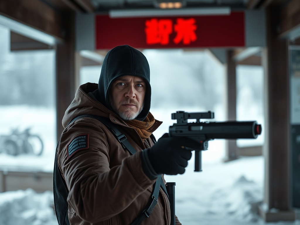 Мужчина в зимней одежде держит оружие на фоне снега и знака на русском языке.