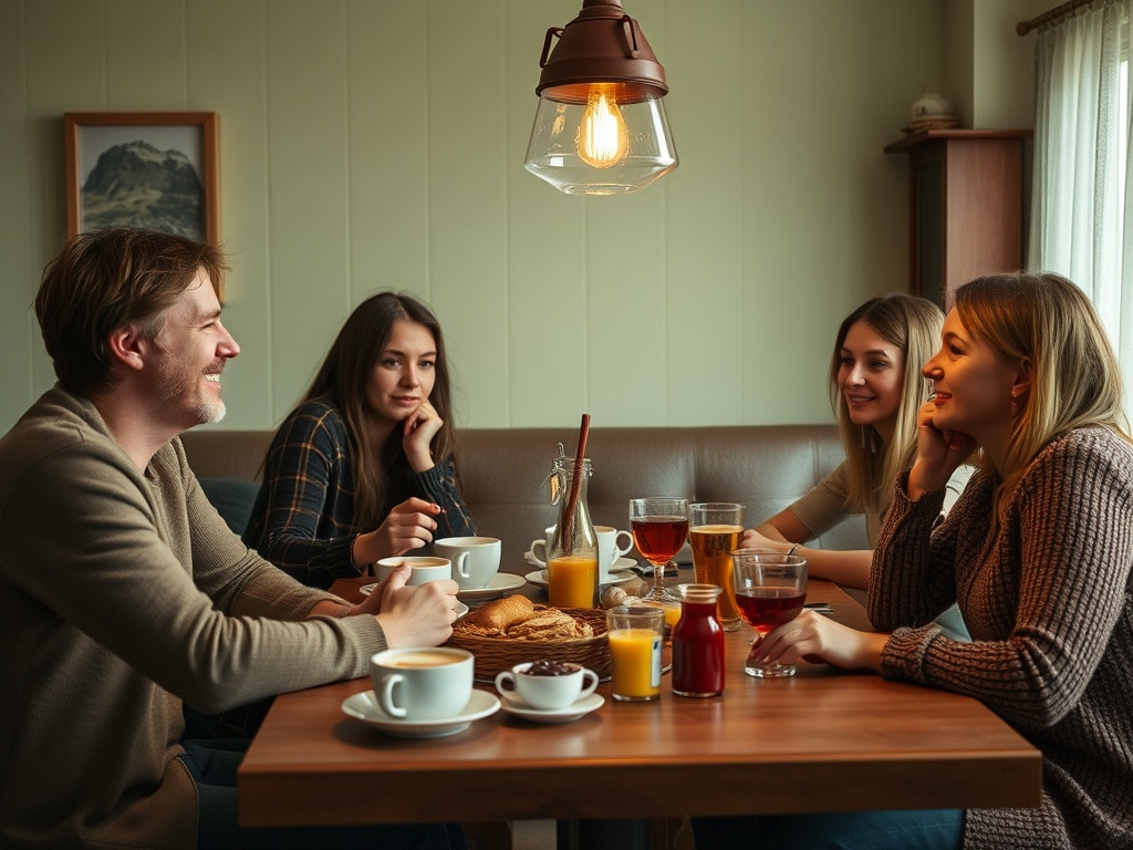 Четыре человека наслаждаются угощениями и напитками за столом в уютной обстановке кафе.