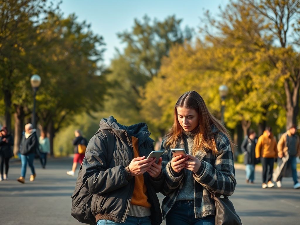 Два человека в парке смотрят в телефоны, вокруг людей и деревья с зелеными листьями.