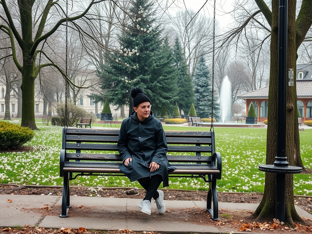 Человек в черном плаще сидит на скамейке в парке с фонтаном и зелеными насаждениями вокруг.