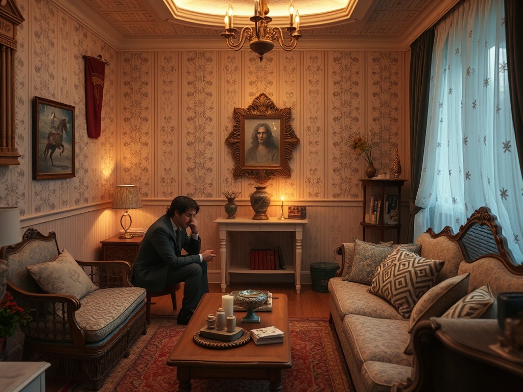 В уютной комнате сидит человек в костюме, задумчиво глядя в сторону. На стене висит картина.