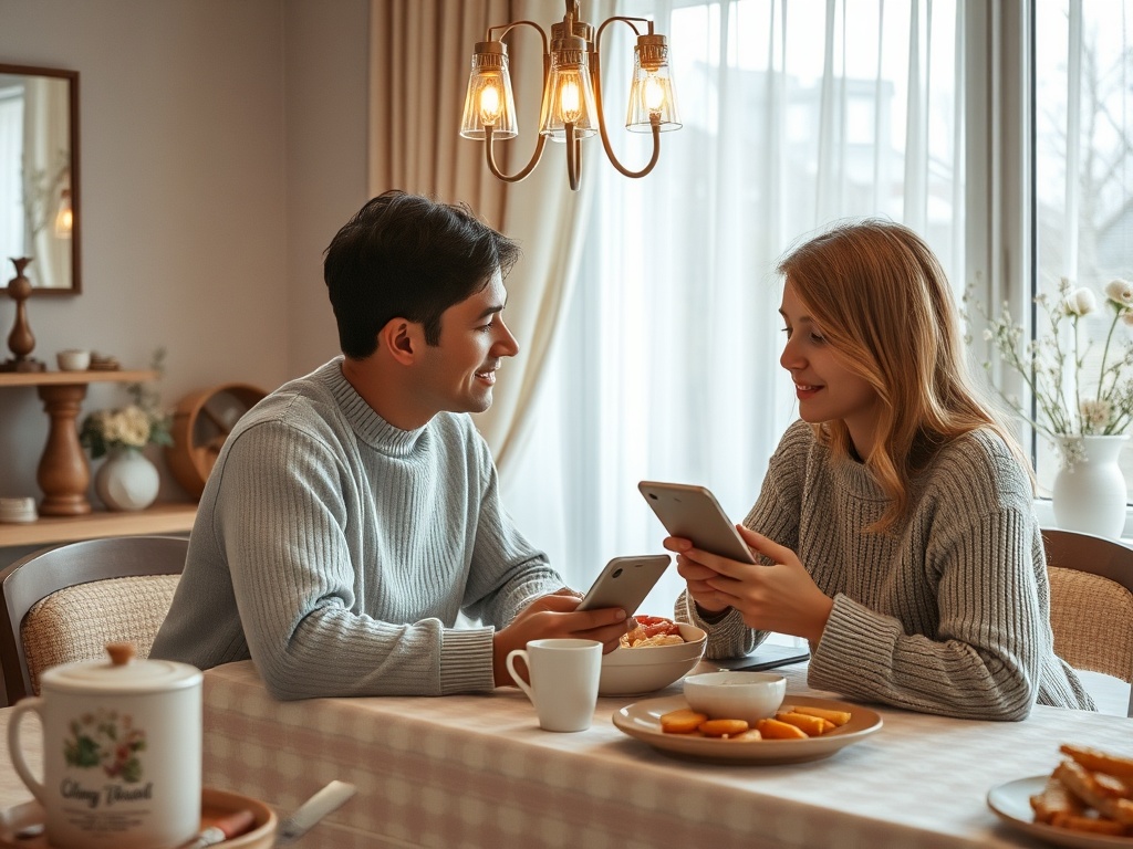 Молодая пара сидит за столом, играет на телефонах, вокруг еда и уютная обстановка.