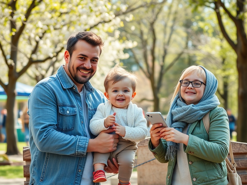 Счастливая семья на улице: отец с малышом на руках, мать снимает на телефон. Весна, цветущие деревья.