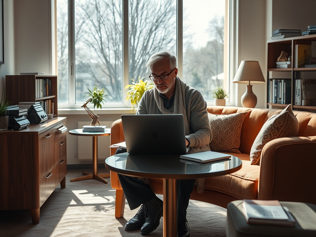 Пожилой мужчина работает за ноутбуком в уютной комнатe с большими окнами и современным интерьером.