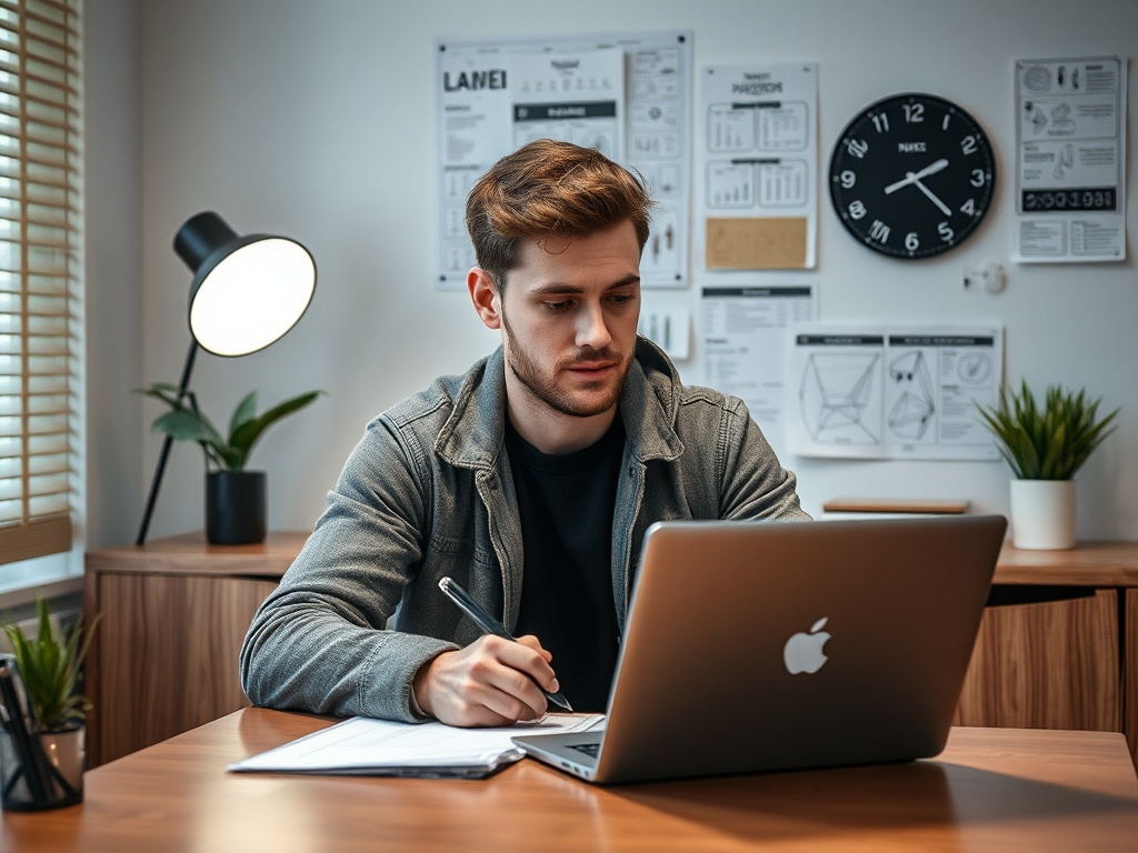 Молодой человек работает за столом с ноутбуком, записной книжкой и цветком, на стенах — рисунки и часы.