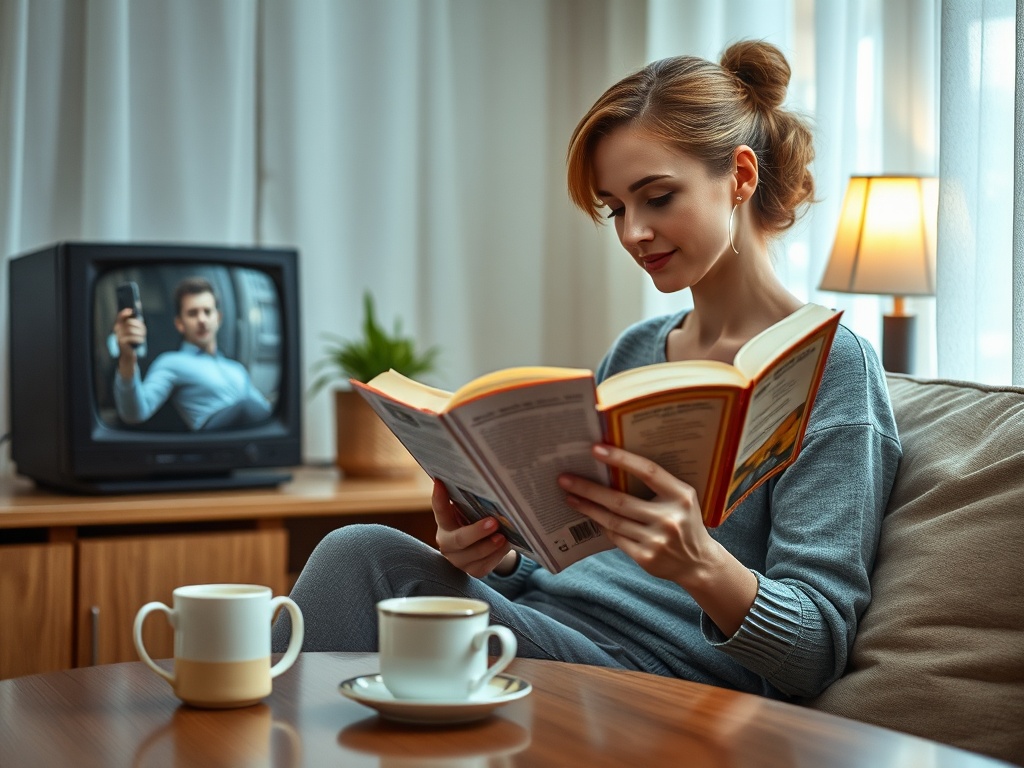 Девушка читает книгу на диване, на фоне телевизор с мужчиной, который держит телефон. На столе - чашки с кофе.