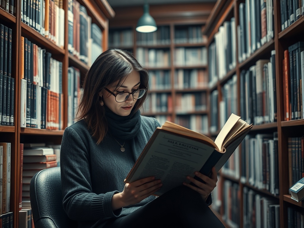 Молодая женщина в очках читает книгу в библиотеке среди полок с книгами.