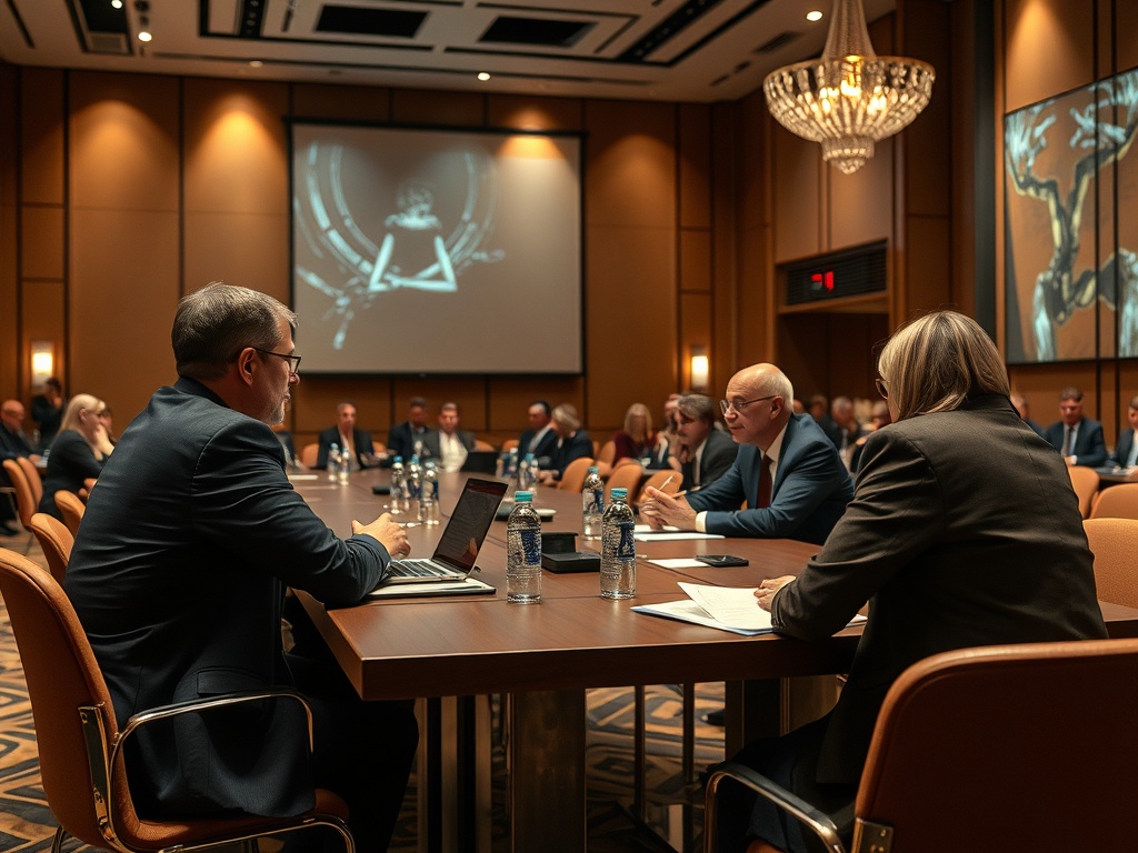 Собрание людей за длинным столом, обсуждение, на стене проектор, освещённая комната.