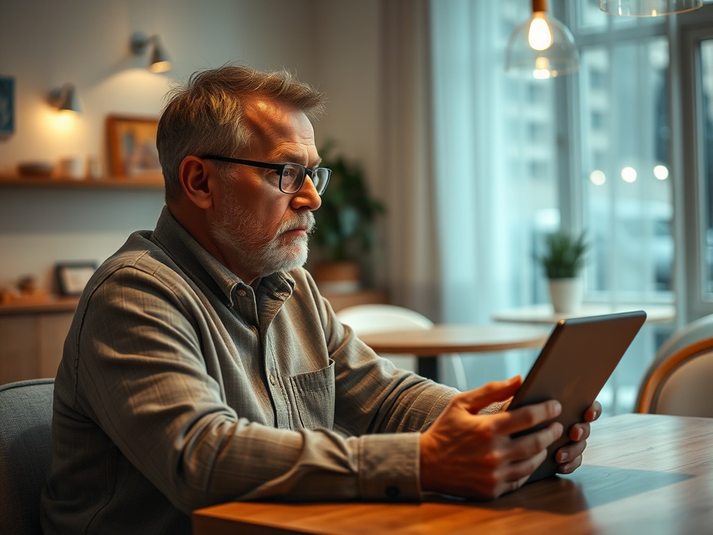 Пожилой мужчина с очками сидит за столом и смотрит на планшет в уютной комнате. Светло и комфортно.