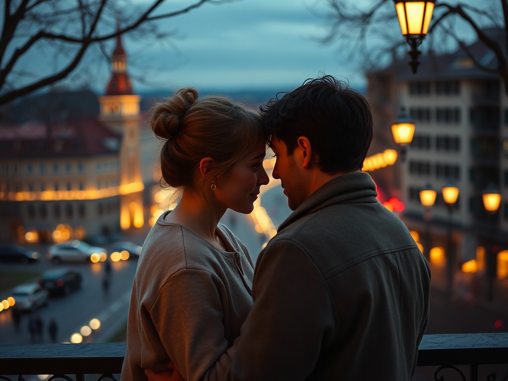 Красивая пара на закате, смотрящая друг на друга с любовью, окруженная огнями вечернего города.