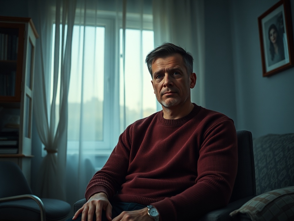 Мужчина в красном свитере сидит на кресле, серьёзно смотрит на камеру, за ним окно с занавесками.