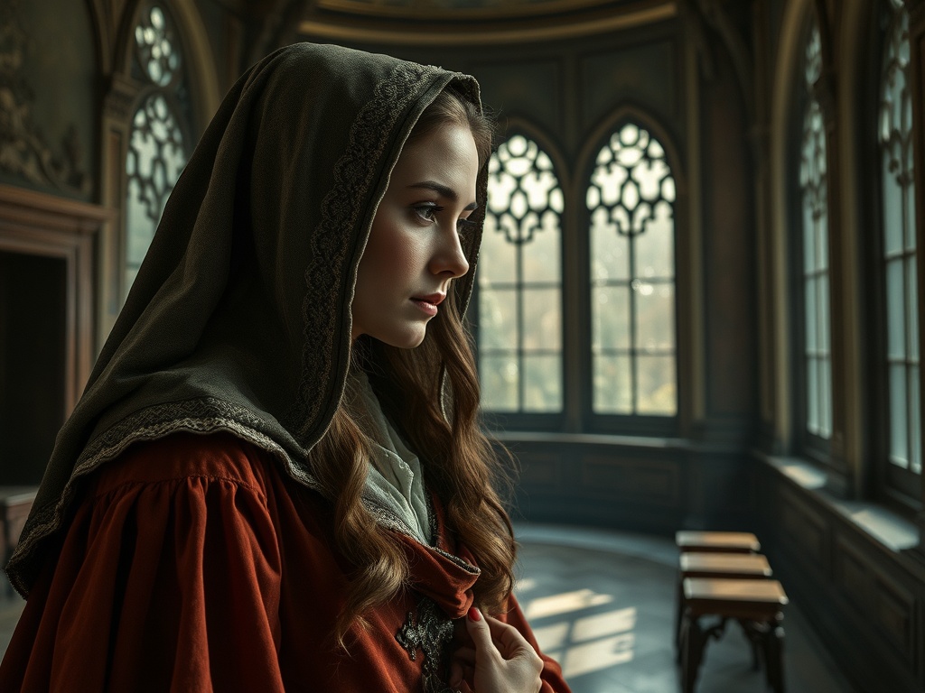 Молодая женщина в историческом платье и платке, стоящая в помещении с витражными окнами.