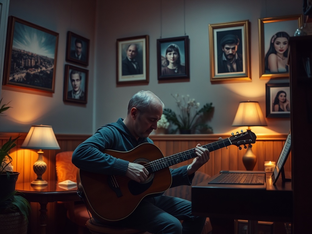 Человек играет на гитаре в уютной комнате с картинами на стенах и теплым светом ламп.