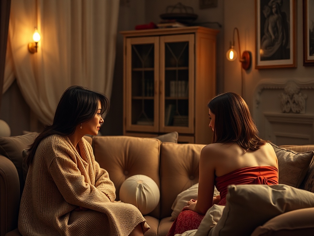 Две женщины беседуют на диване в уютной обстановке, освещенной мягким светом.