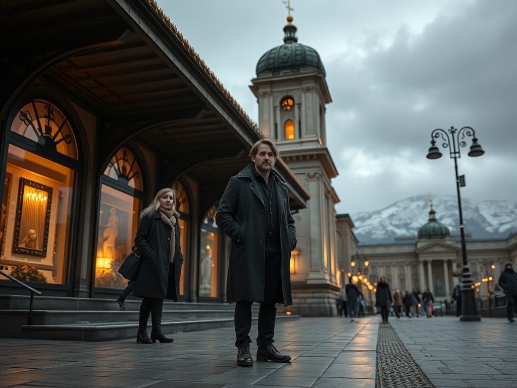 На изображении двое людей на фоне исторического здания в вечернем освещении. Вдали видны снежные горы.
