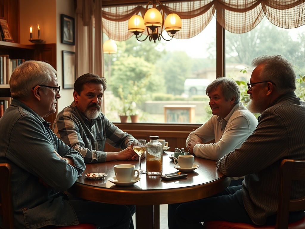 Четыре мужчины беседуют за круглым столом в кафе, ухоженные книги на полках и зеленый пейзаж на фоне.