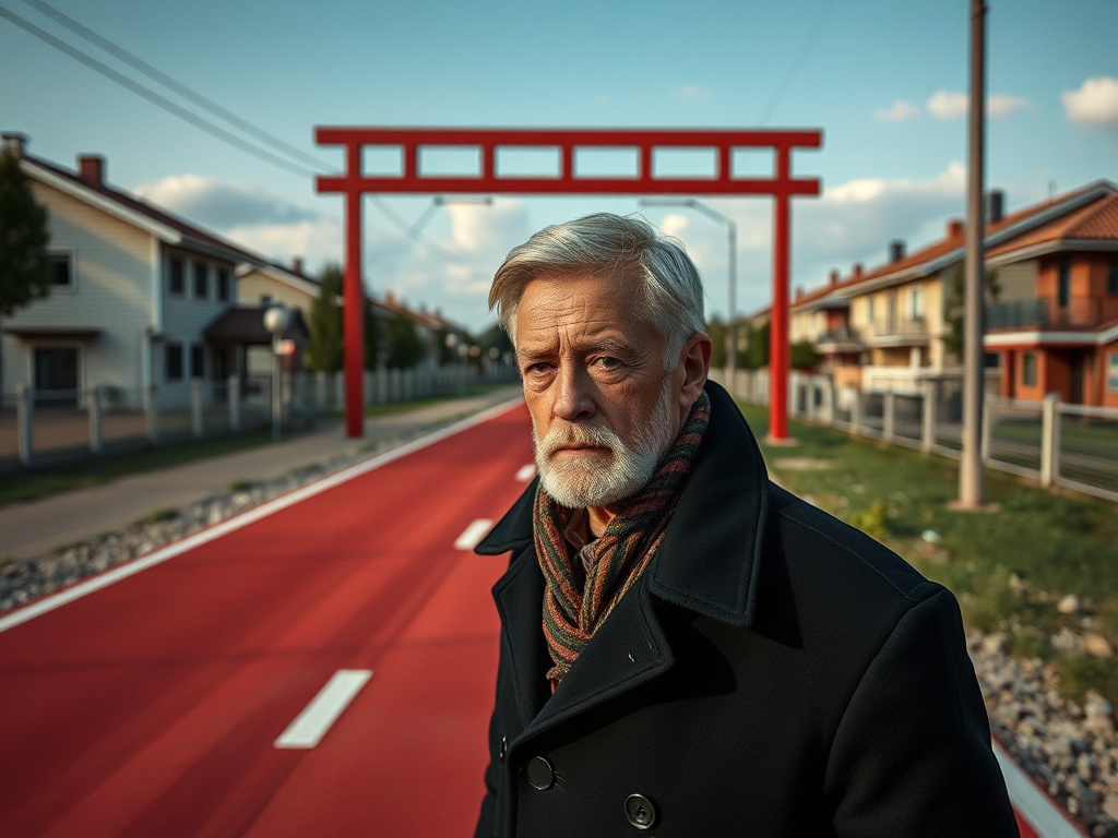 Пожилой мужчина в черной куртке стоит на улице, красная дорожка и ворота на фоне домов.