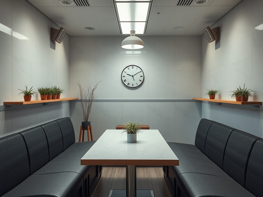 Современное помещение с серыми стенами, часами, столом и растениями на полках. Уютная обстановка для встреч.