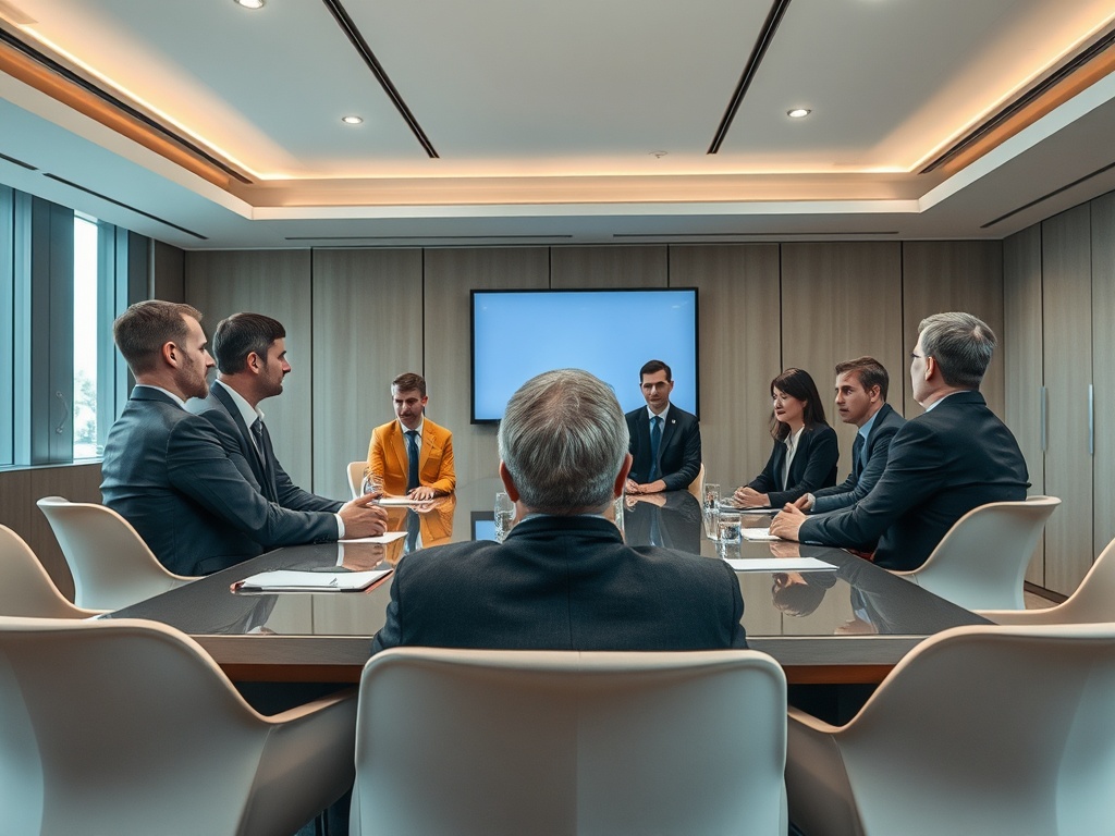 Вместительная переговорная комната; восемь человек обсуждают, сидя за длинным столом. Экран на стене пуст.