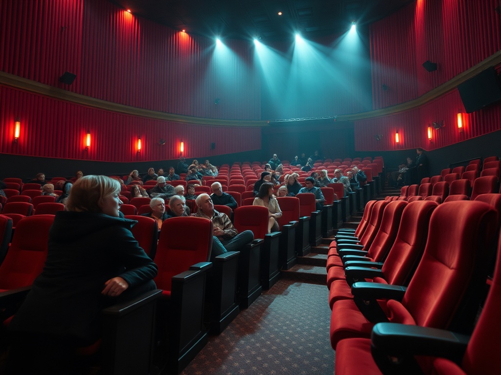 Пустой кинотеатр с красными креслами, зрители ожидают начало фильма при мягком свете на сцене.