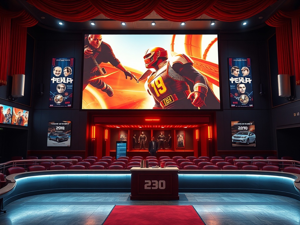 Современный кинотеатр с ярким экраном и красными креслами, ожидающий зрителей для нового фильма.