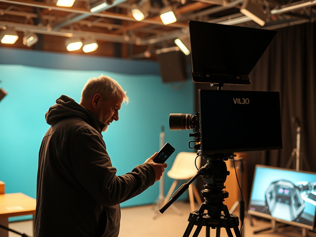 На изображении человек с телефоном стоит рядом с камерой в студии с голубой стеной.