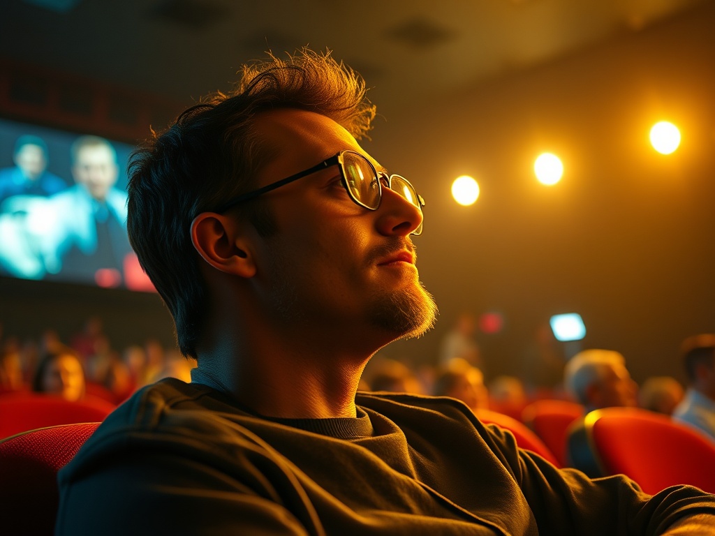 Молодой человек в очках сидит в кинотеатре, освещённый мягким светом, глубоко погружённый в фильм.