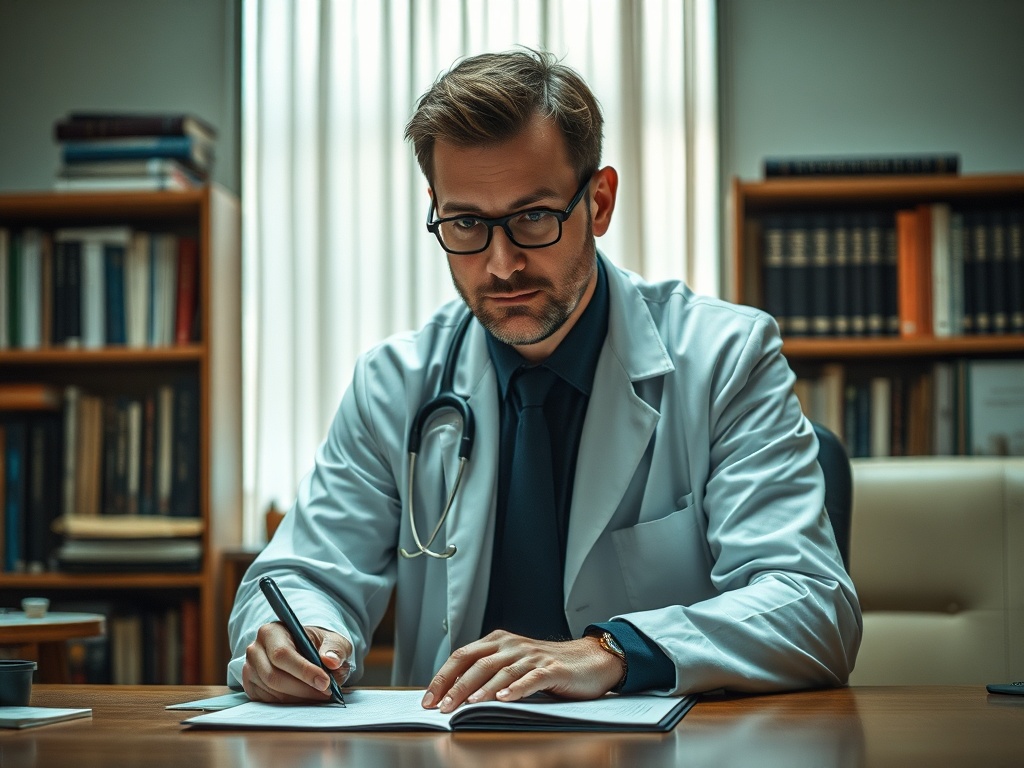 Мужчина в медицинском халате записывает информацию, сидя за столом в кабинет с книгами на полках.