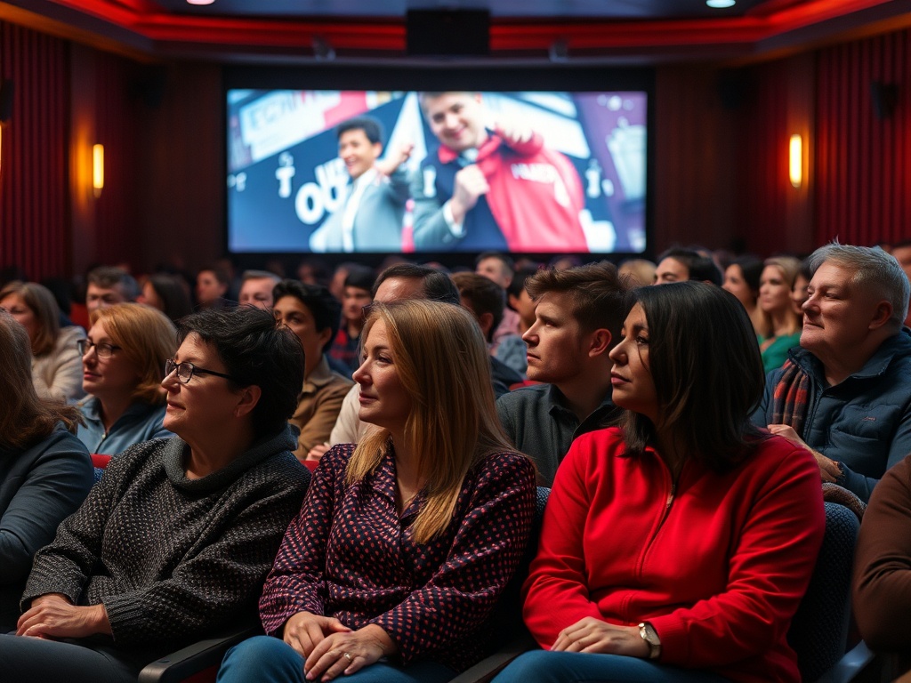 Аудитория в кинотеатре внимательно смотрит на экран, где изображены участники мероприятия.