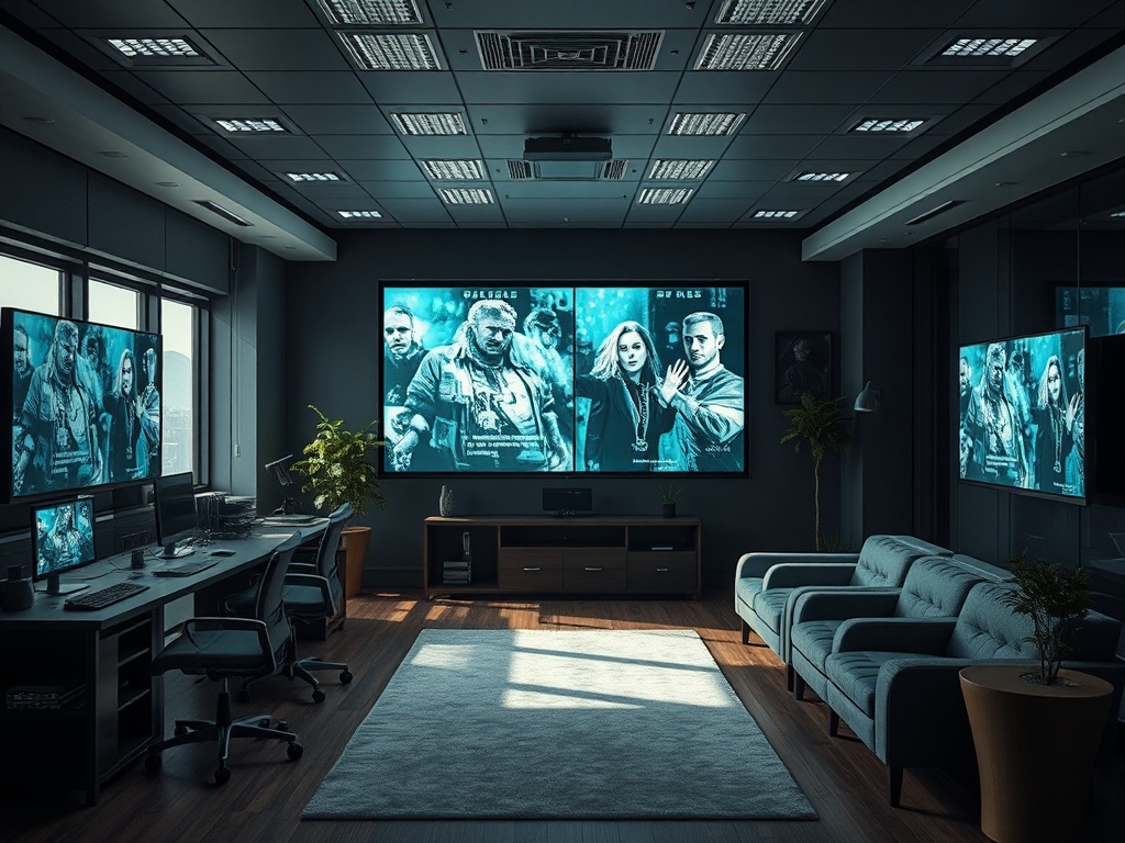 Современный офис с большими телевизорами, показывающими сцены из сериала, уютная обстановка с мягкой мебелью.