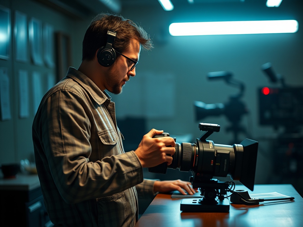 Человек в наушниках настраивает камеру на столе в студии с мягким светом.