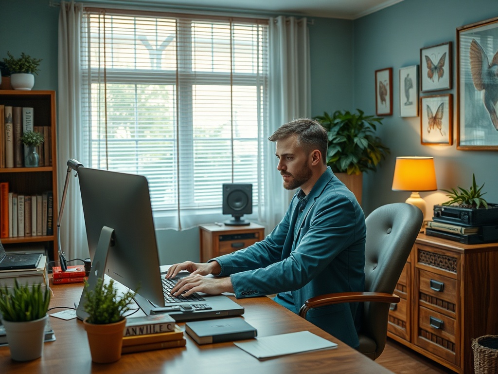 Мужчина в синем пиджаке работает за компьютером в уютном офисе с окнами и зелеными растениями.