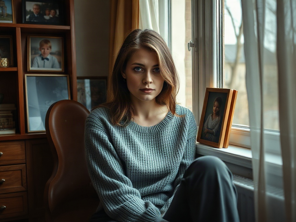 Молодая женщина в свитере сидит у окна с фотографиями на подоконнике, задумчиво глядя вдаль.